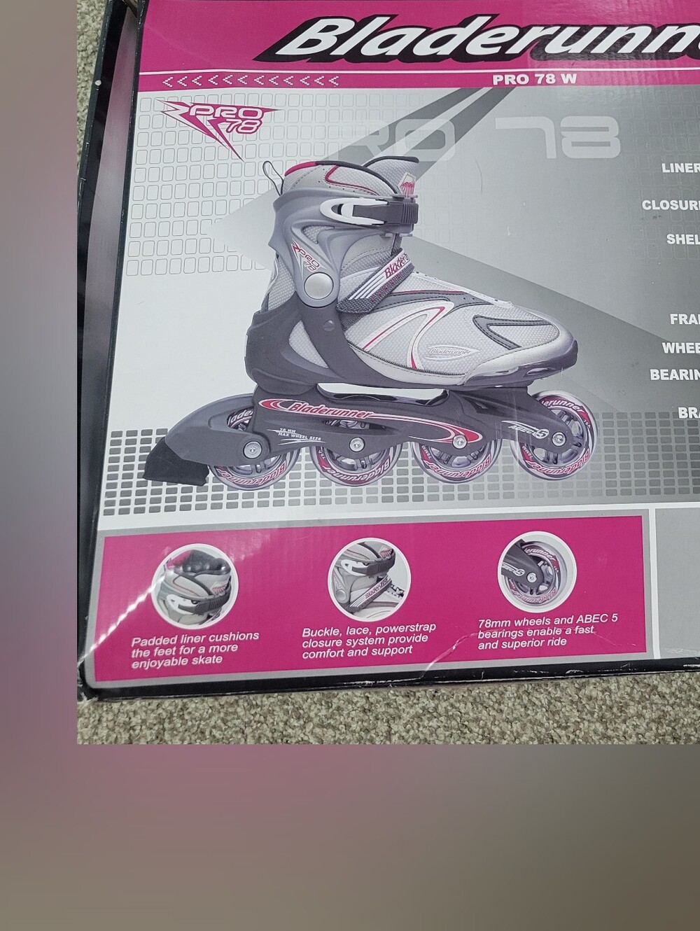 NIB Bladerunner Pro 78 W Inline Skates, Pink & Gray, Size 7